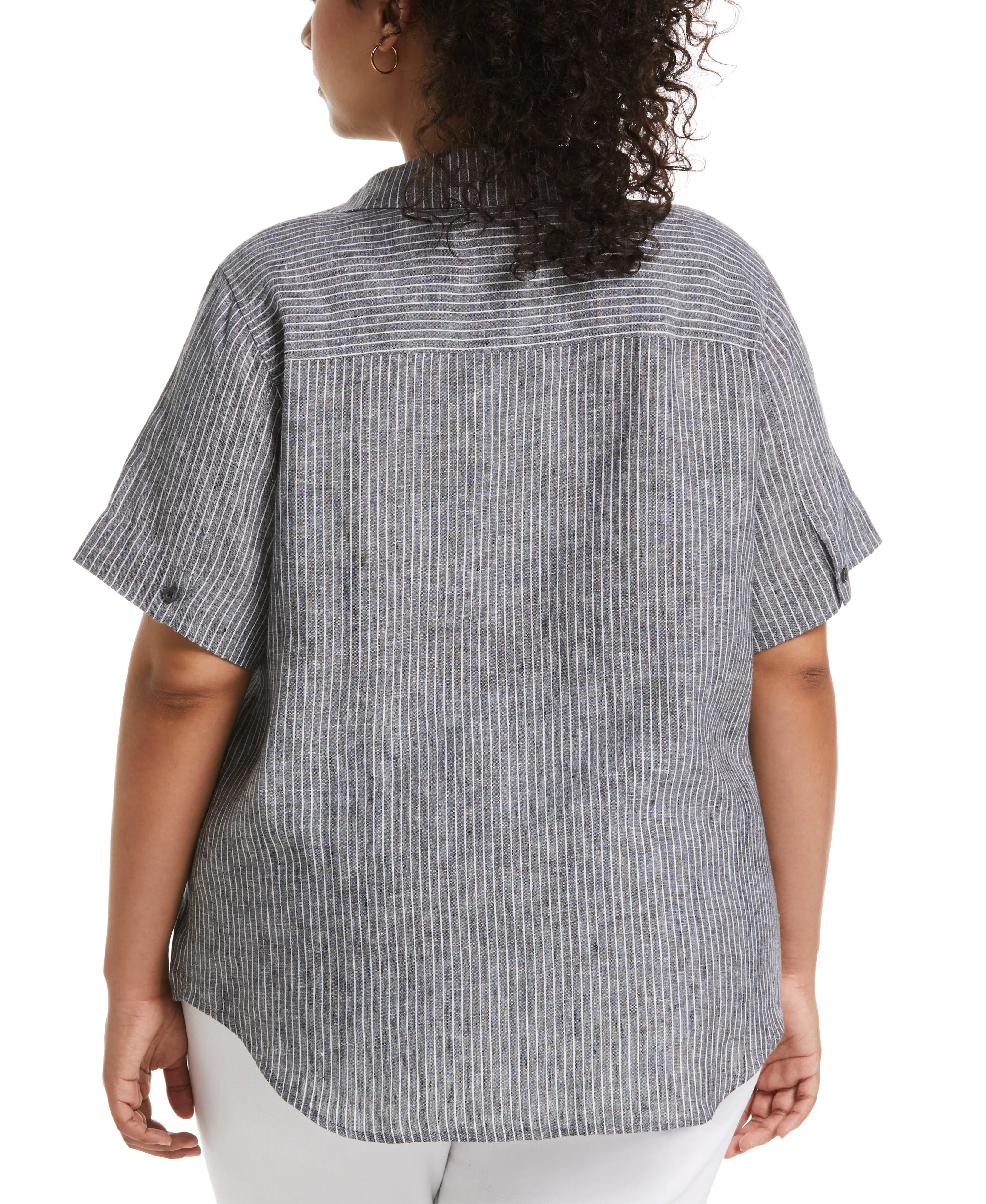 Plus Size Stripe Split Neck Linen Top