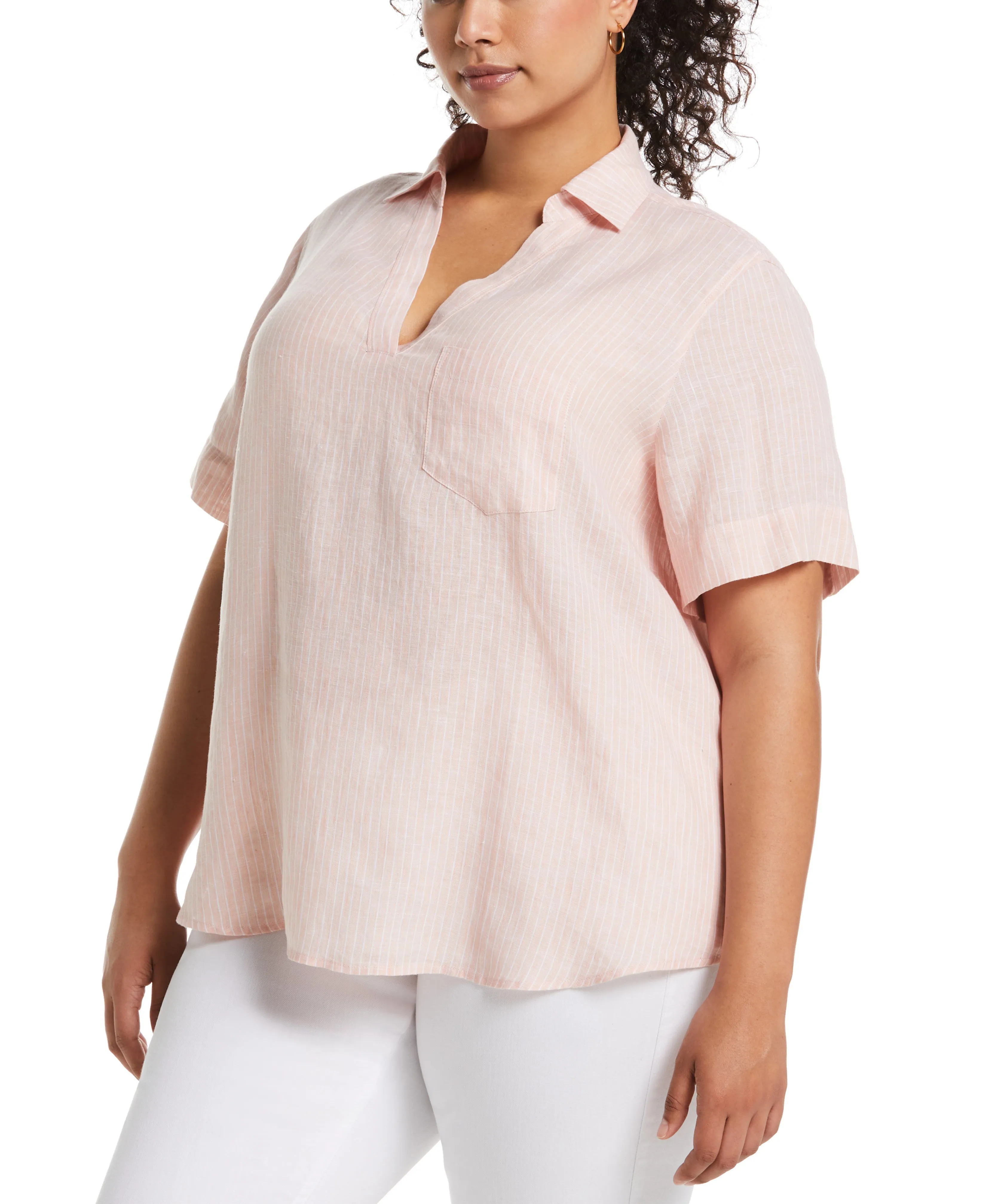 Plus Size Stripe Split Neck Linen Top