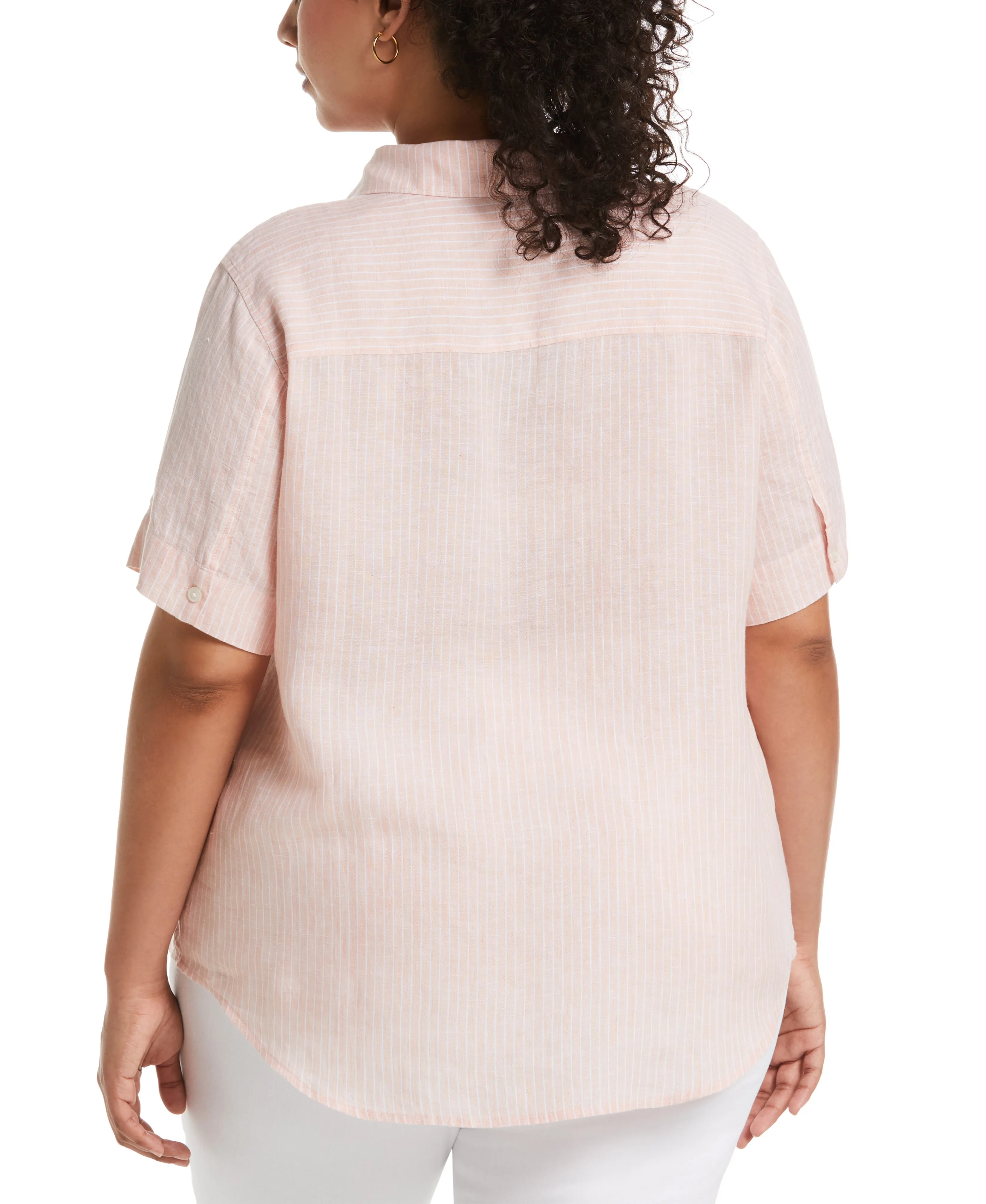 Plus Size Stripe Split Neck Linen Top