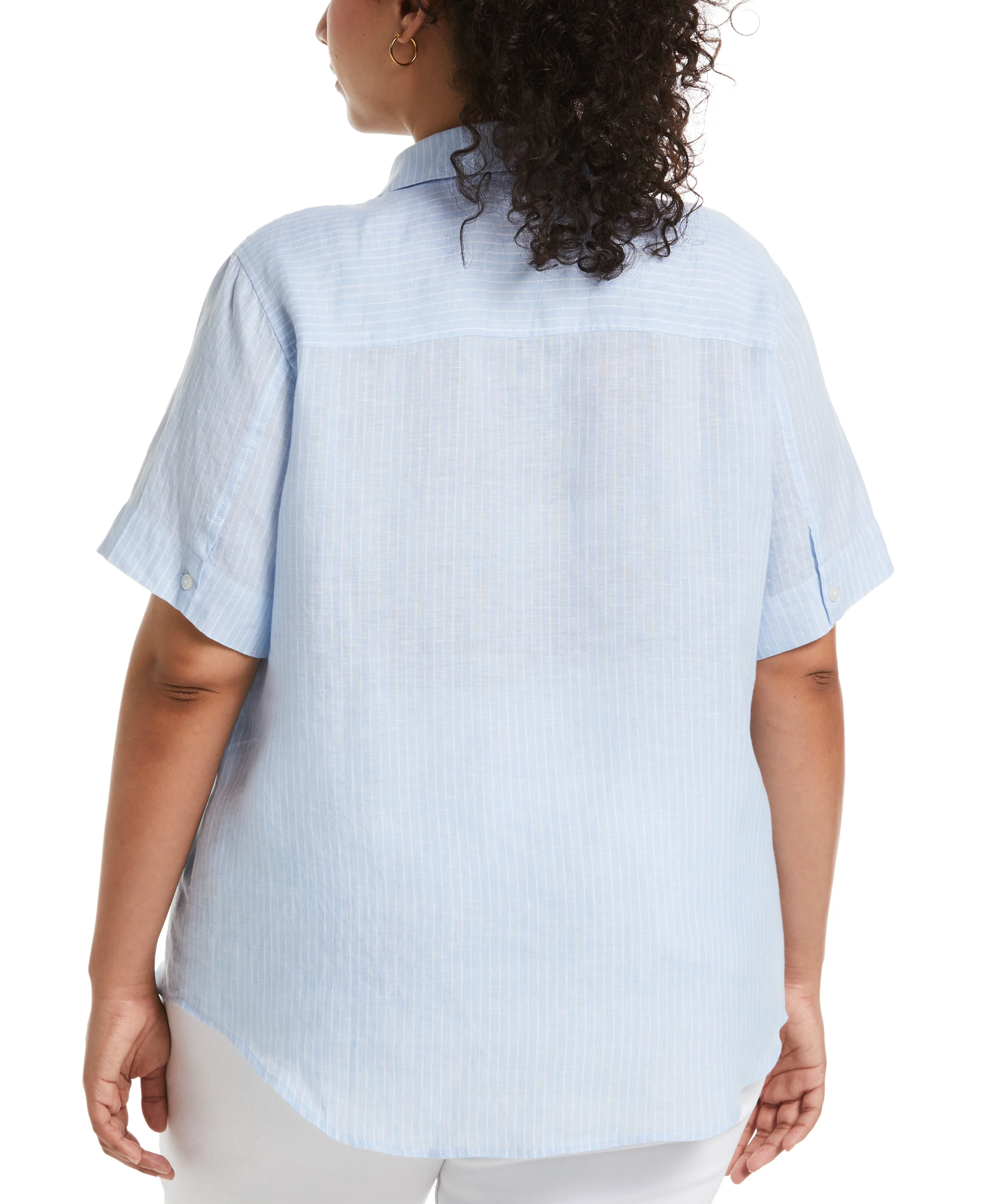 Plus Size Stripe Split Neck Linen Top