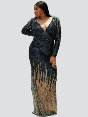 Plus Size V Neck Maxi Sequin Blue Evening Dress P0365