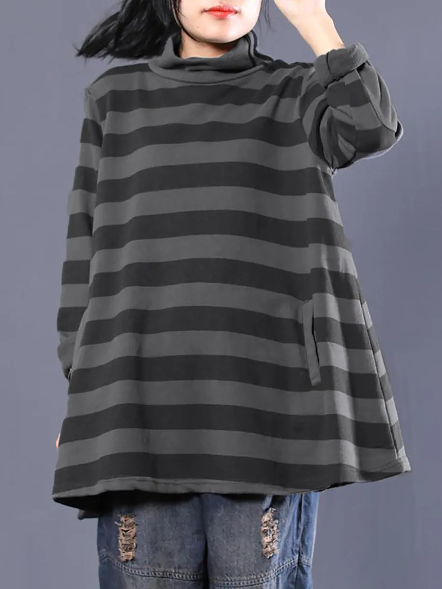 Plus Size Women Casual Stripe Turtleneck Sweatshirt
