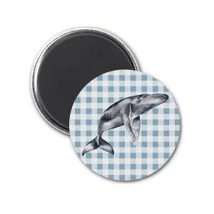 Preppy Grey Whale over blue plaid 3 inch round magnet | Beach Vibes Kitchen decor | Preppy Coastal Collection