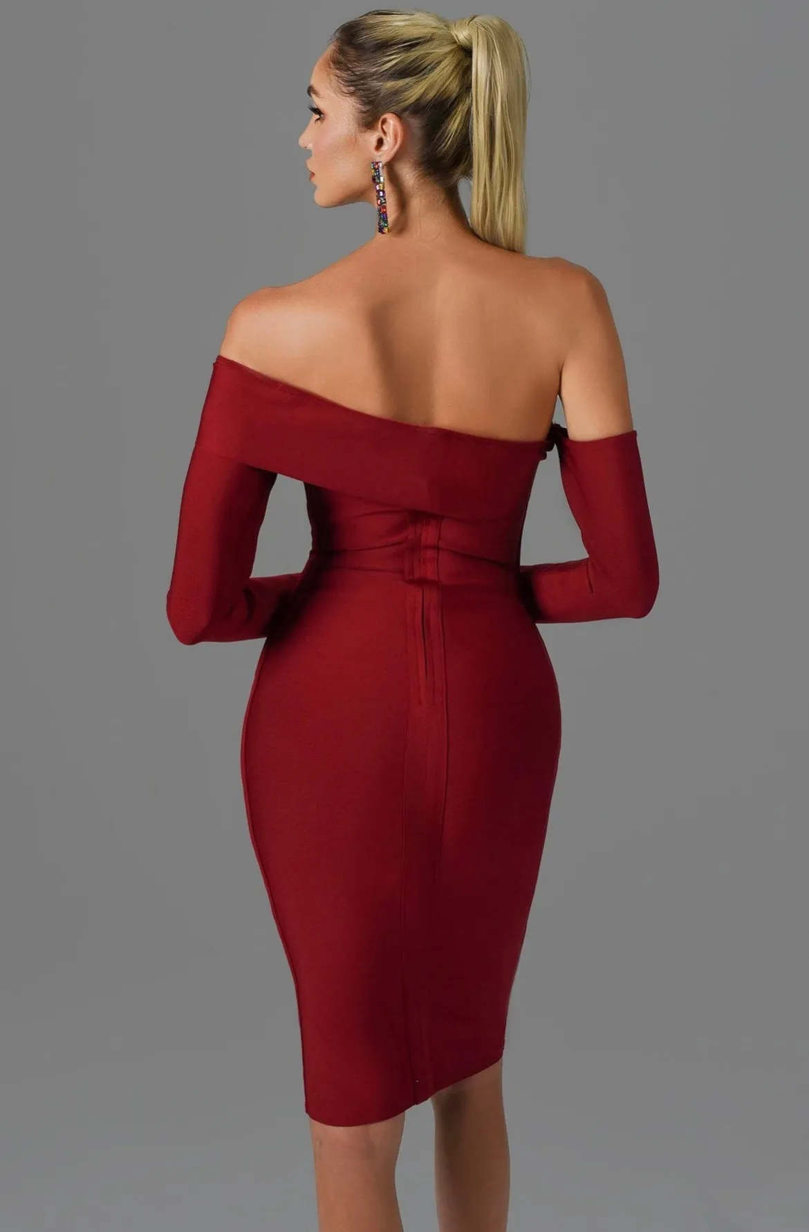 "PENELOPE" GLAMOROUS OFF SHOULDER MIDI DRESS