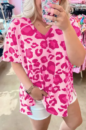 Rose Leopard Print V Neck Plus Size Tee