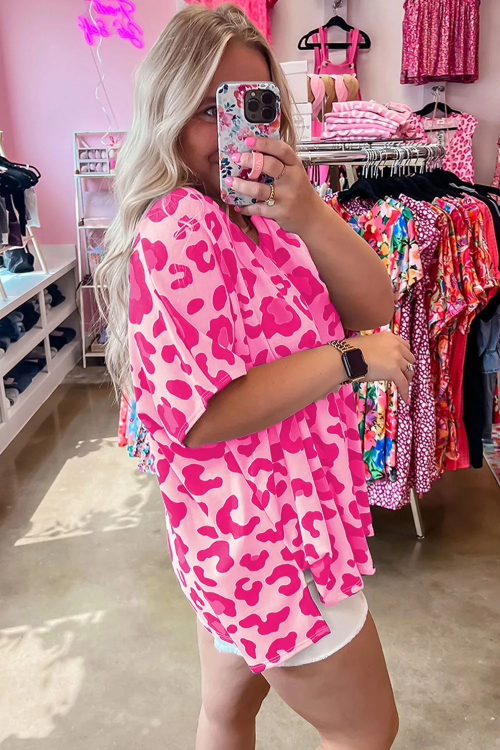 Rose Leopard Print V Neck Plus Size Tee