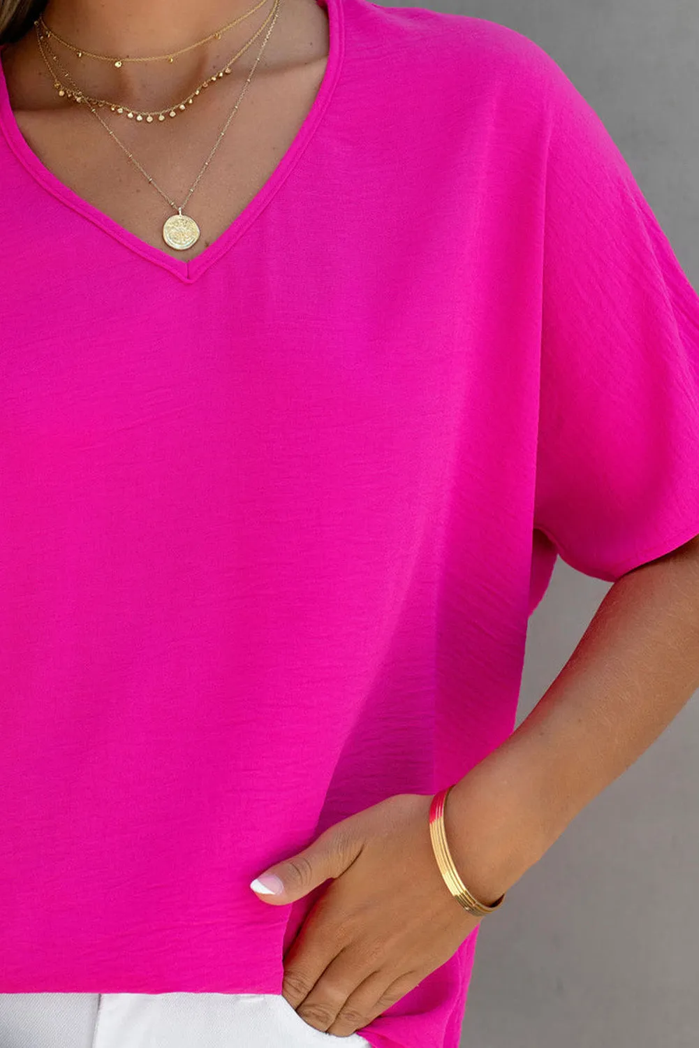 Rose Red V-Neck Short Sleeve Plus Size Top