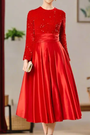 Sequin Red A-Line Long Sleeve Wedding Party Dress with Pleats
