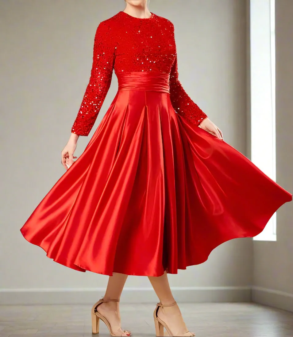 Sequin Red A-Line Long Sleeve Wedding Party Dress with Pleats