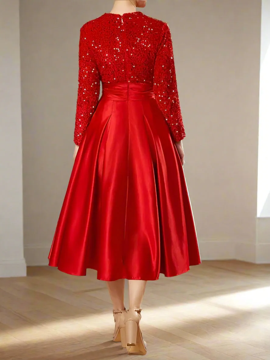 Sequin Red A-Line Long Sleeve Wedding Party Dress with Pleats