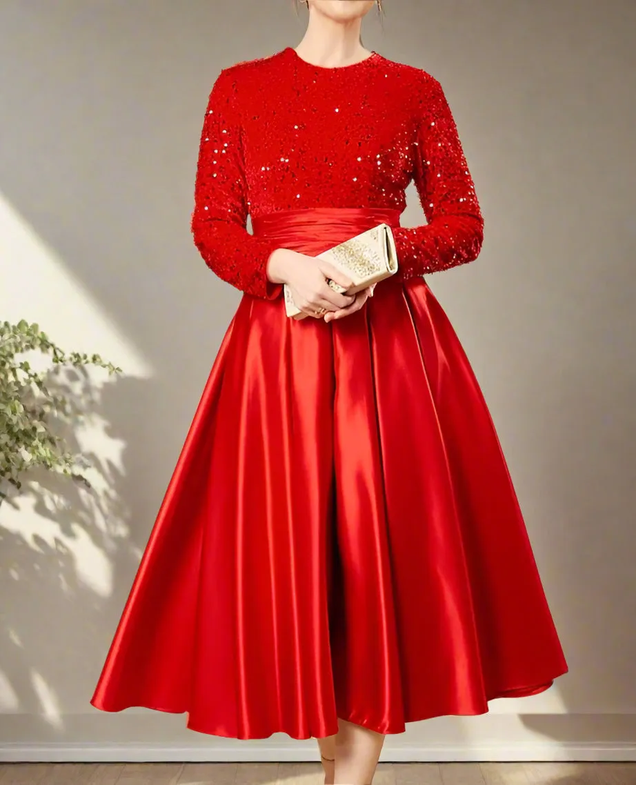 Sequin Red A-Line Long Sleeve Wedding Party Dress with Pleats