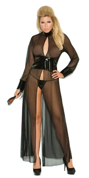 Sexy Plus Size Eminence Mesh and Vinyl Long Sleeve Gown and G-String