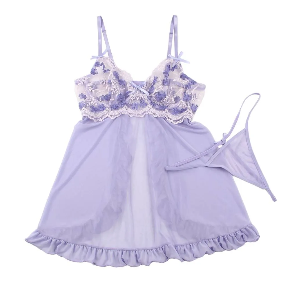 Sexy Purple Back Slit Embroidery Transparent Mesh Babydol-With Farawlaya