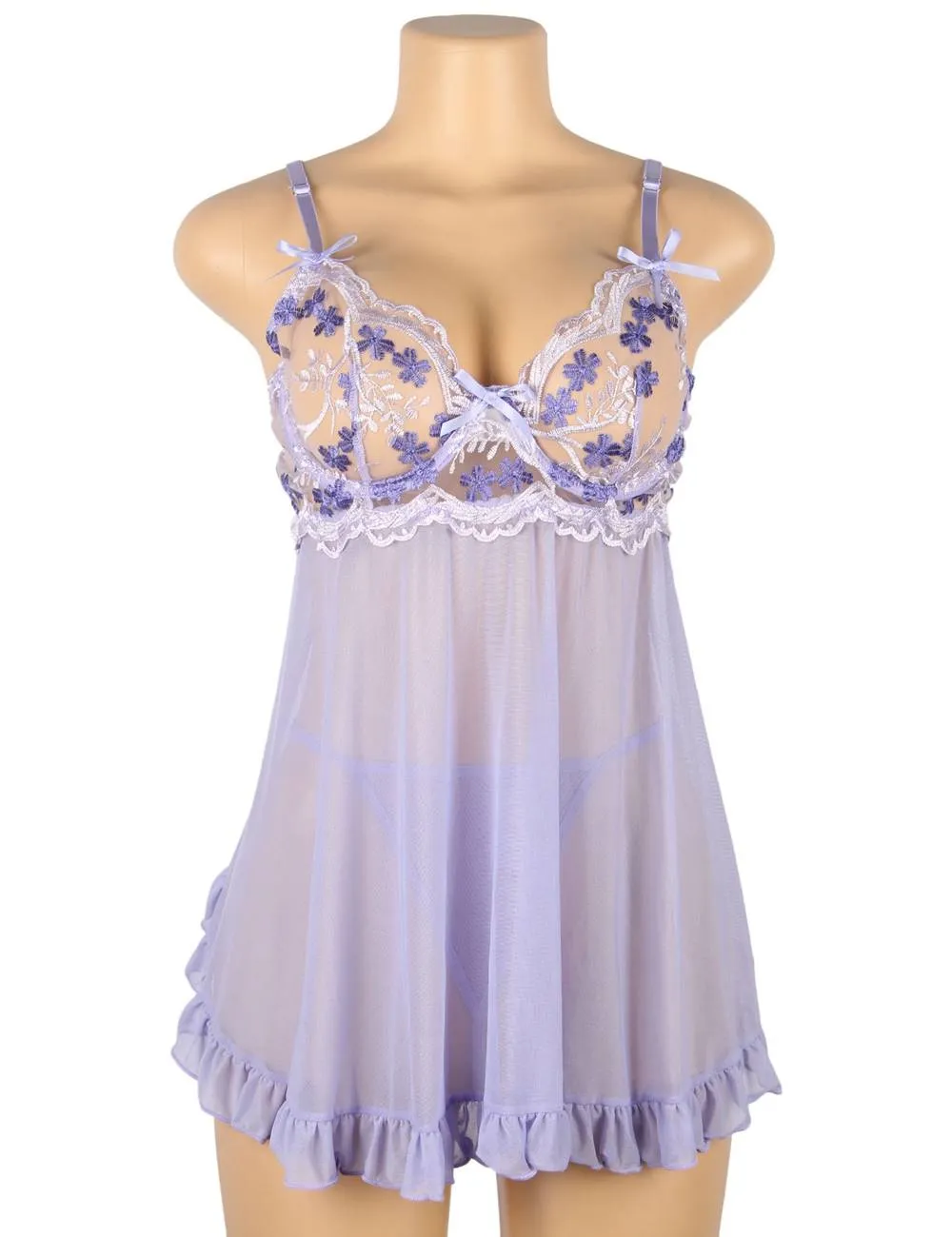 Sexy Purple Back Slit Embroidery Transparent Mesh Babydol-With Farawlaya