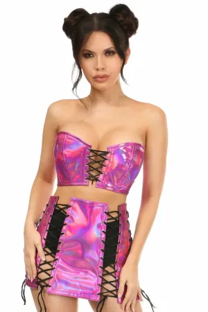 Sexy Two Piece Fuchsia Holo Bustier & Skirt Set