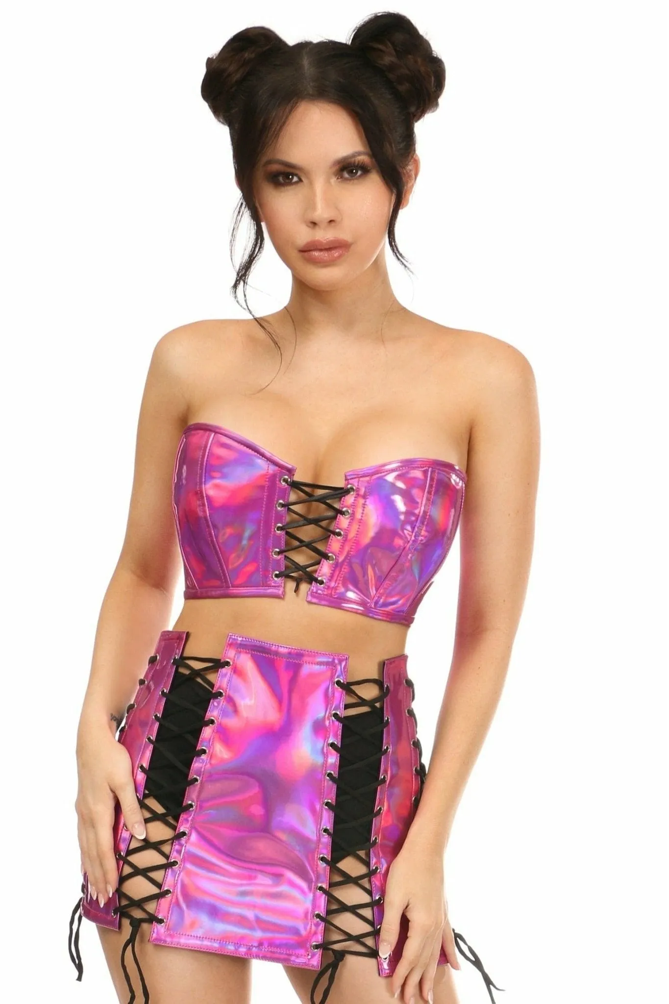 Sexy Two Piece Fuchsia Holo Bustier & Skirt Set