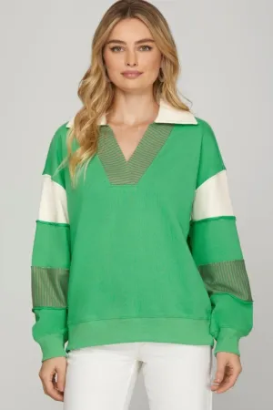 She   Sky Full Size Color Block Sleeve Johnny Collar French Terry Sweatshirt Plus Size