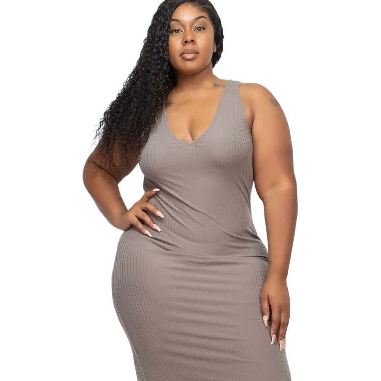 Size 2XL Ribbed V-Neck Front and Back Bodycon Dress, Taupe