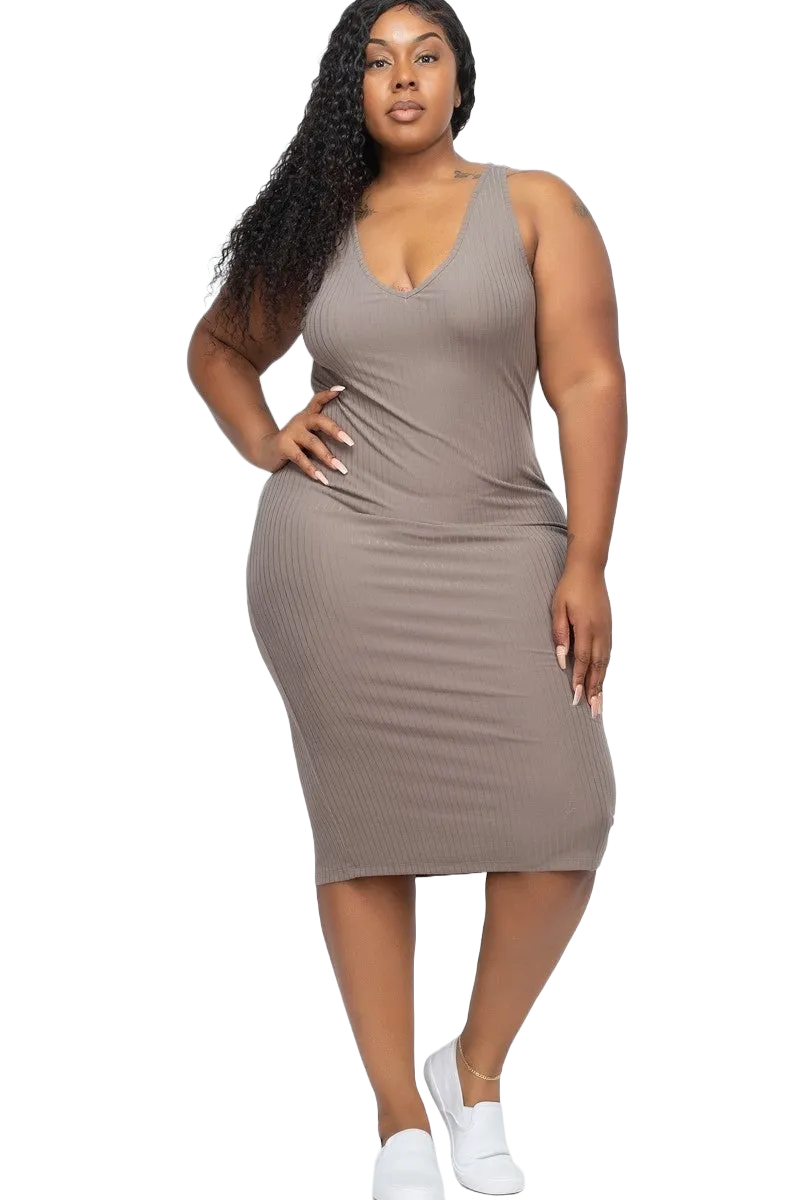 Size 2XL Ribbed V-Neck Front and Back Bodycon Dress, Taupe