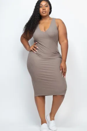 Size 2XL Ribbed V-Neck Front and Back Bodycon Dress, Taupe