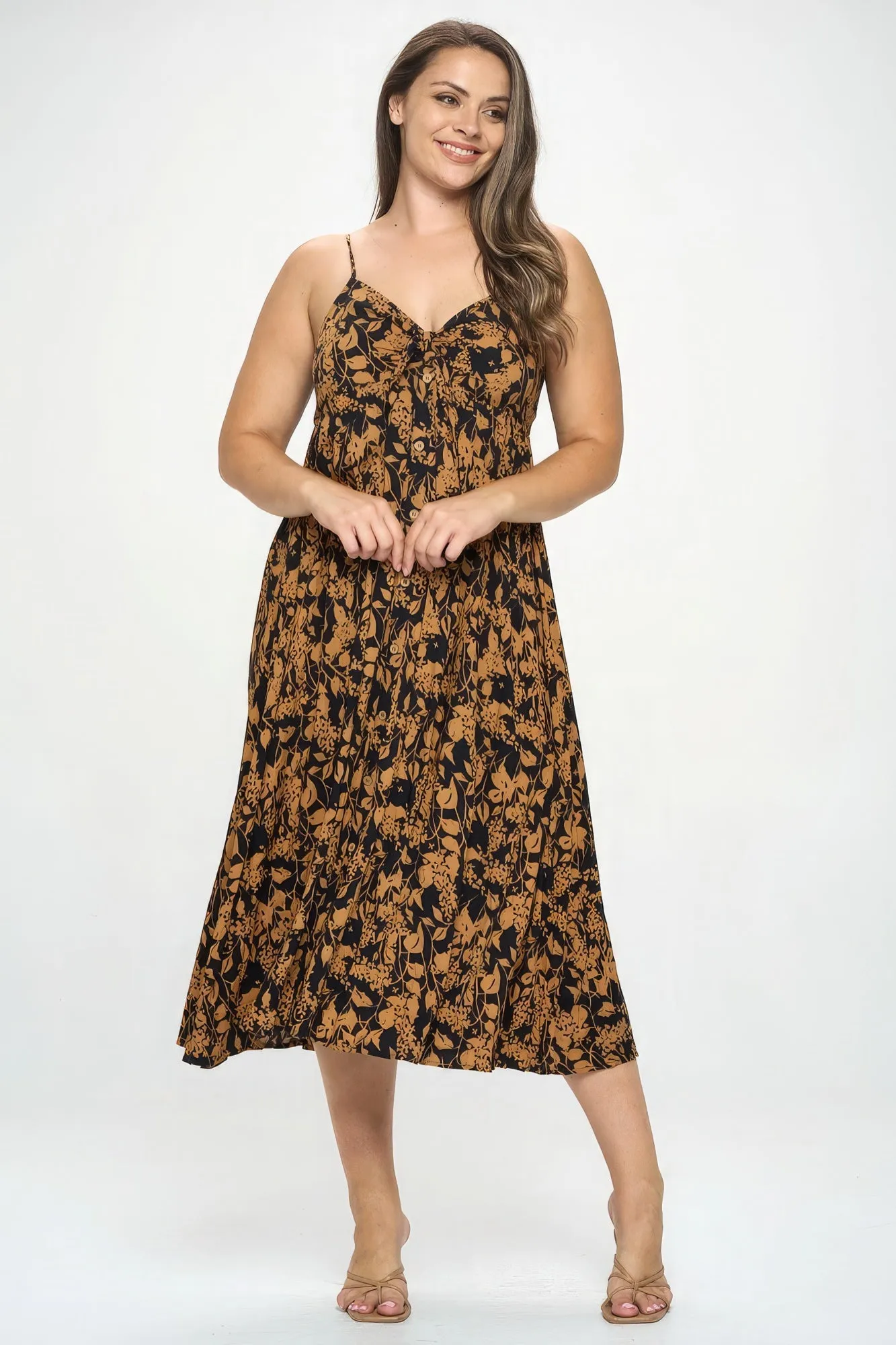 Size 3XL Brown/Black Botanical Print Front Tie Midi Dress