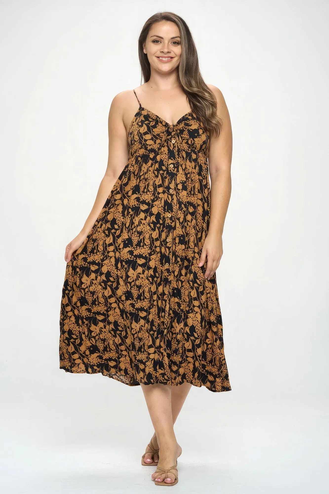 Size 3XL Brown/Black Botanical Print Front Tie Midi Dress
