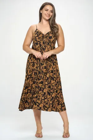 Size 3XL Brown/Black Botanical Print Front Tie Midi Dress