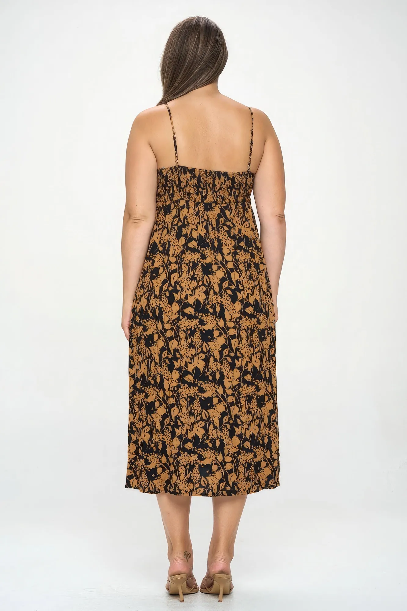 Size 3XL Brown/Black Botanical Print Front Tie Midi Dress