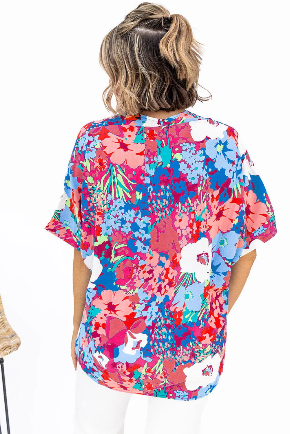 Sky Blue Multicolor V Neck Dolman Sleeve Plus Size Floral Blouse