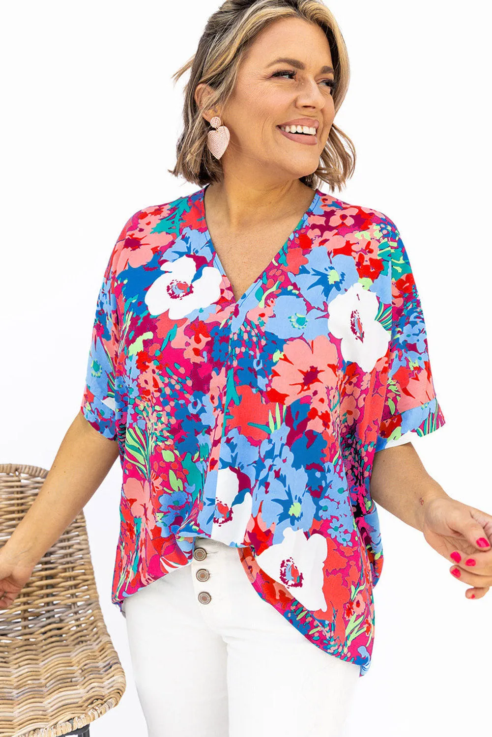Sky Blue Multicolor V Neck Dolman Sleeve Plus Size Floral Blouse