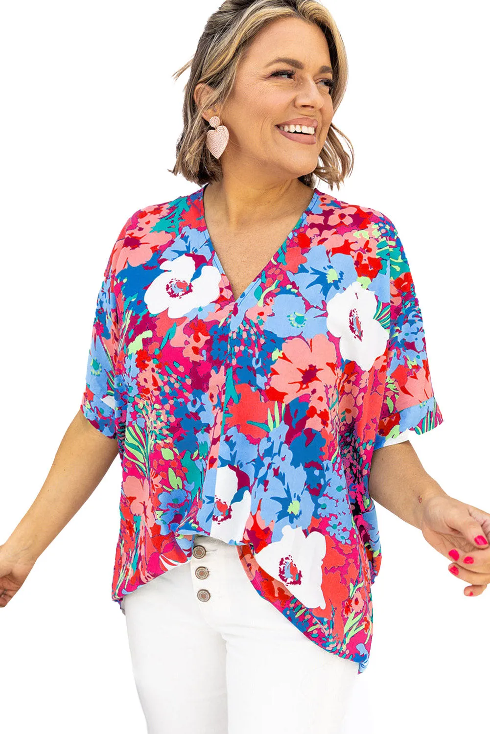 Sky Blue Multicolor V Neck Dolman Sleeve Plus Size Floral Blouse