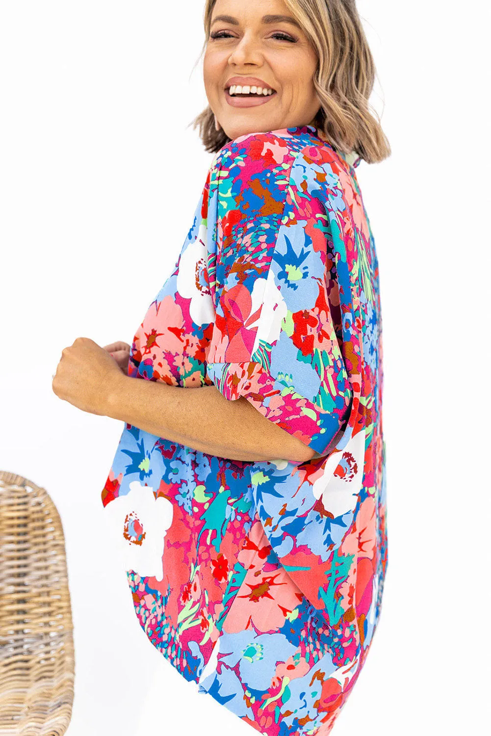 Sky Blue Multicolor V Neck Dolman Sleeve Plus Size Floral Blouse