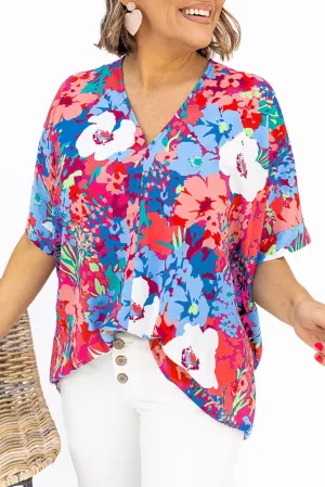 Sky Blue Multicolor V Neck Dolman Sleeve Plus Size Floral Blouse