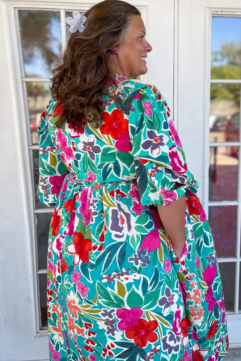 Sky Blue Tie Split Neck Plus Size Floral Dress