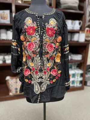 Sophie Long Sleeve Embroidered Top in Black