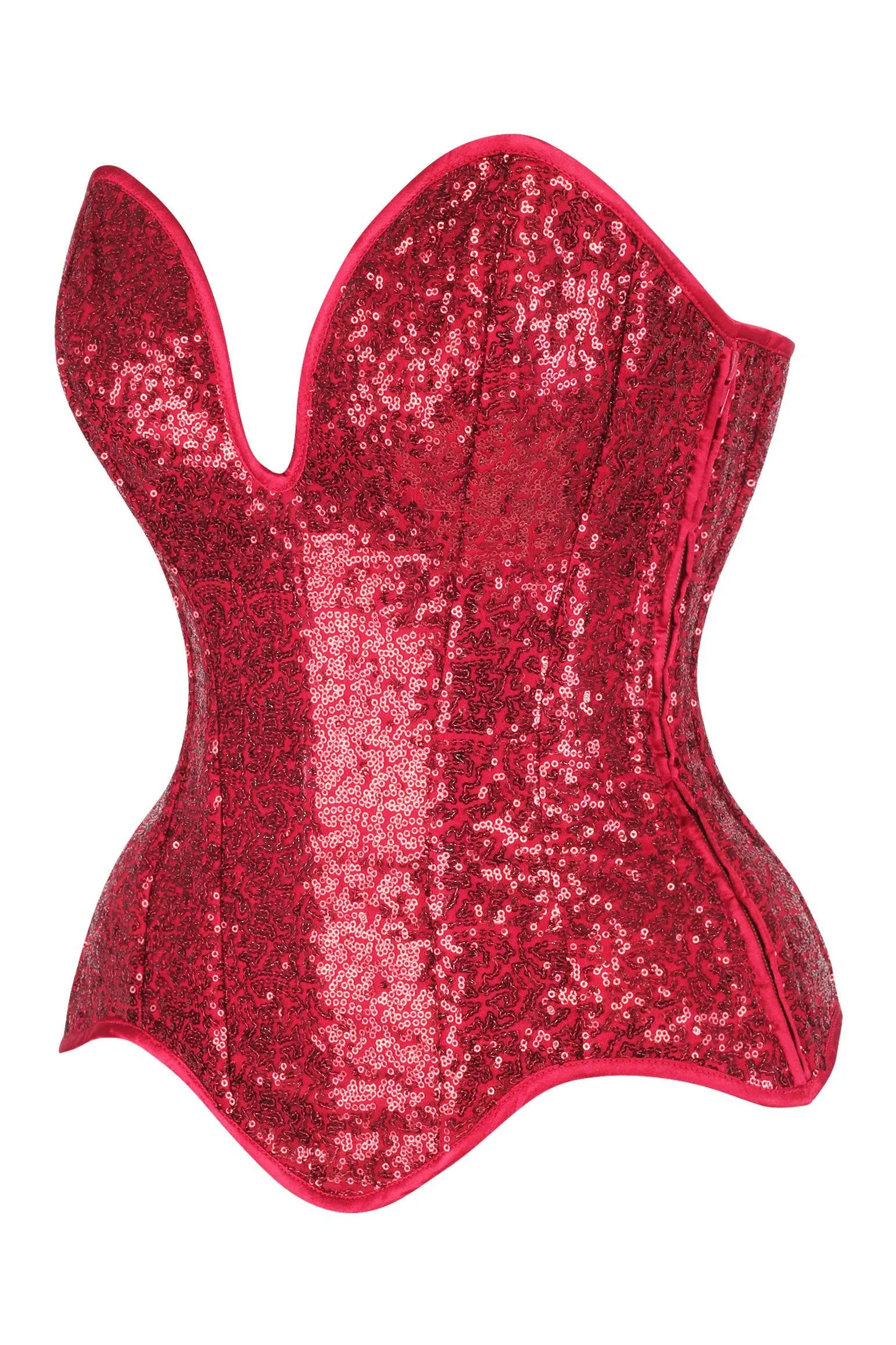 Steel Boned Red Sequin Plunge Neckline Overbust Corset