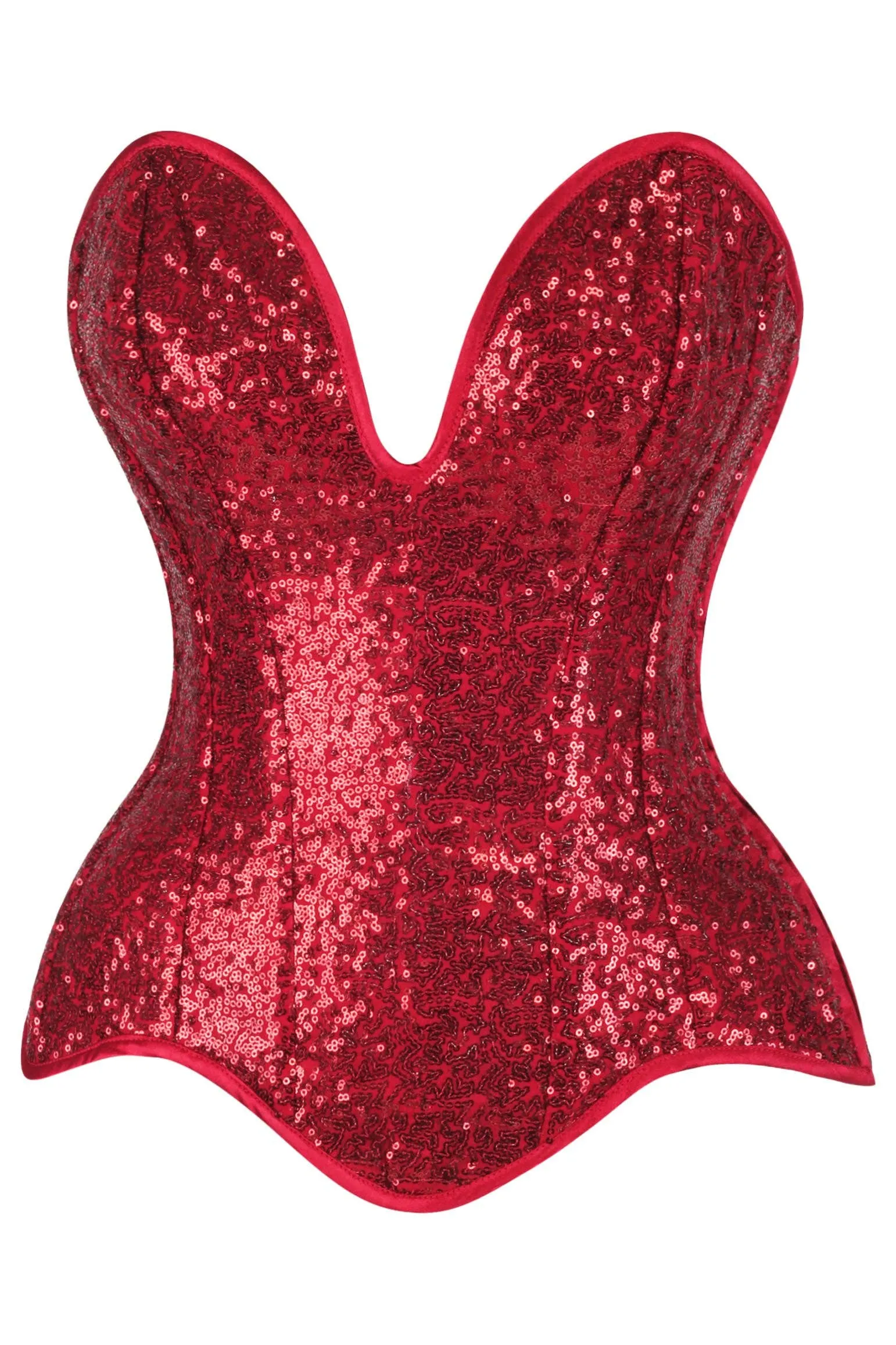 Steel Boned Red Sequin Plunge Neckline Overbust Corset