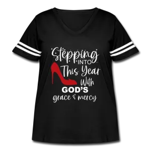 Stepping into this year with God's grace & mercy retro style curvy V-neck tee