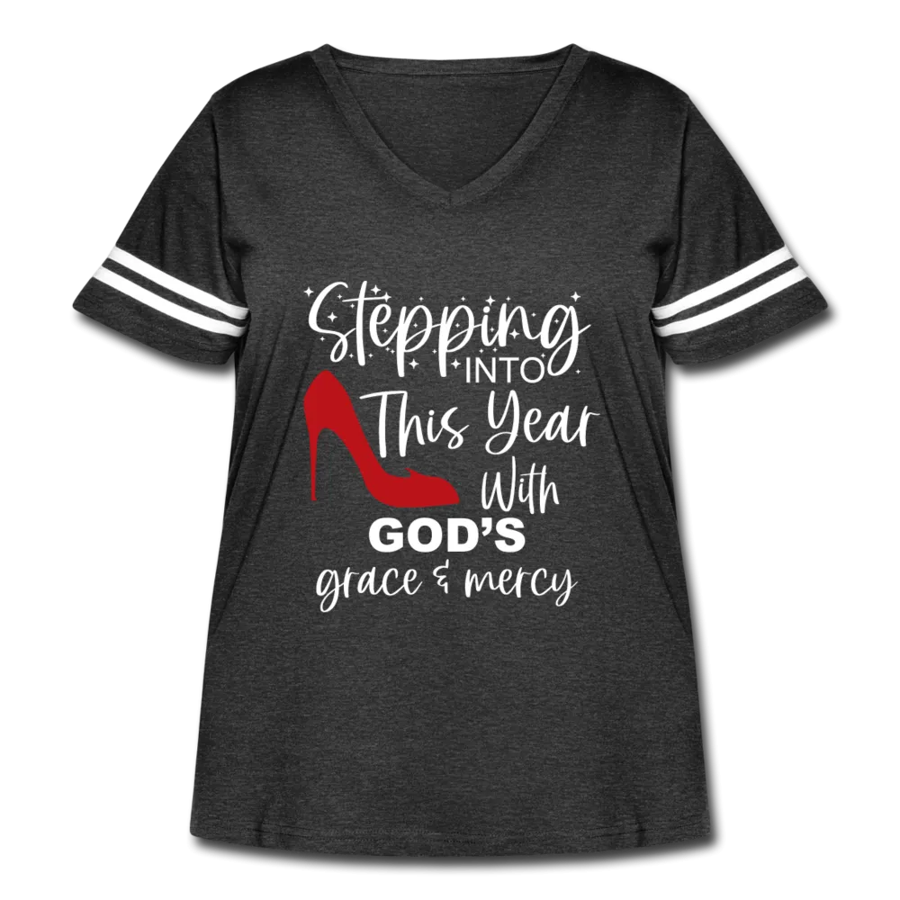 Stepping into this year with God's grace & mercy retro style curvy V-neck tee