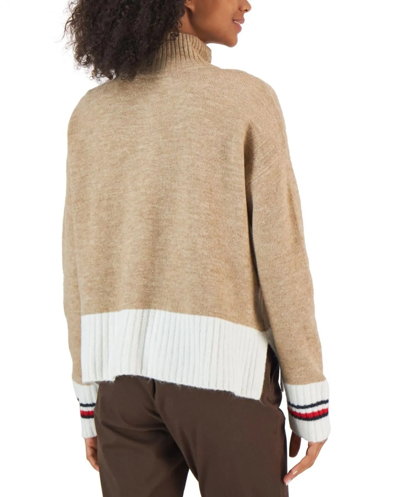 Tommy Hilfiger Colorblocked Half-Zip Sweater Light Heather Fawn Brown Ivory S
