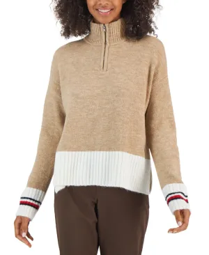 Tommy Hilfiger Colorblocked Half-Zip Sweater Light Heather Fawn Brown Ivory S