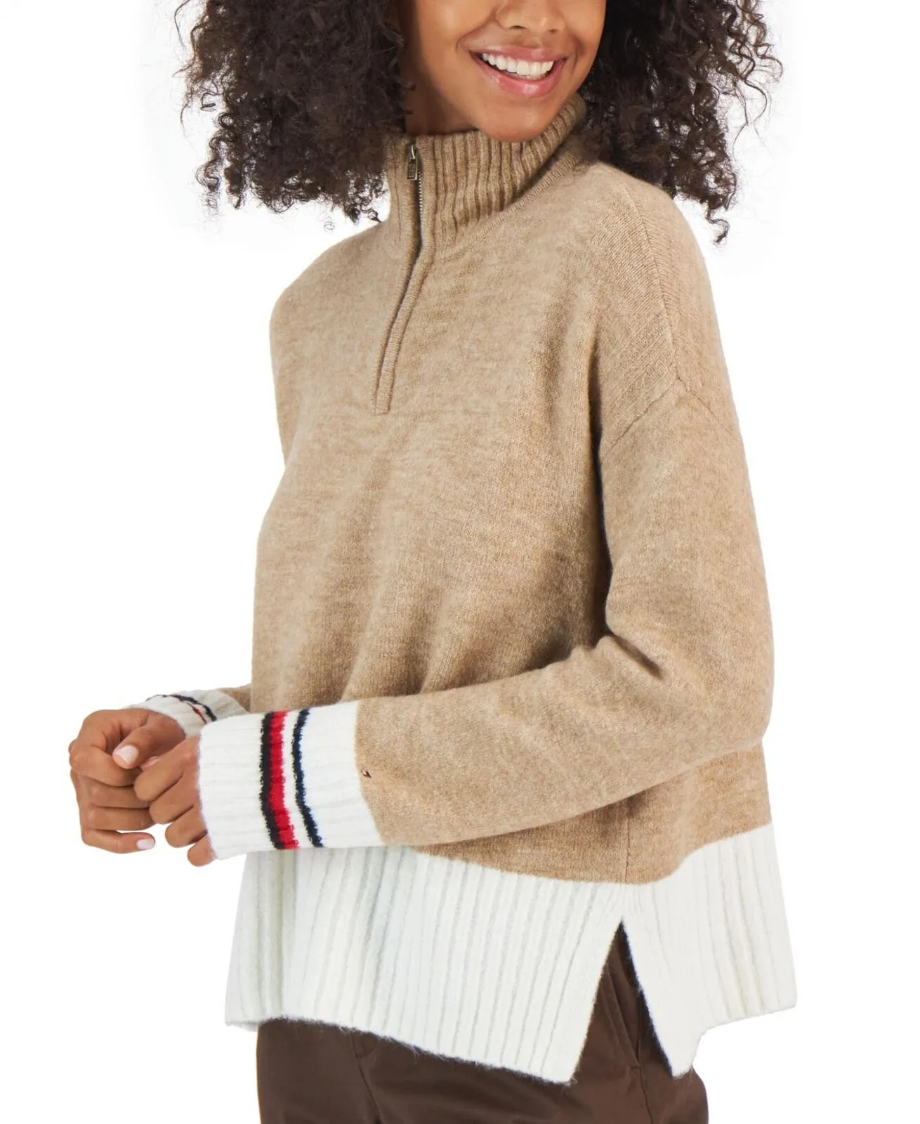 Tommy Hilfiger Colorblocked Half-Zip Sweater Light Heather Fawn Brown Ivory S
