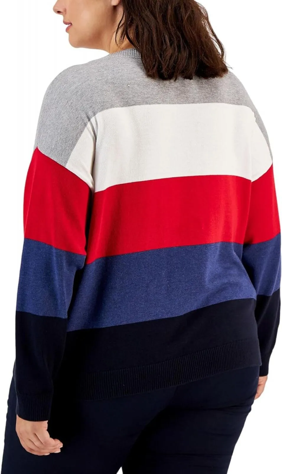 Tommy Hilfiger Womens Plus Colorblock Logo Crewneck Sweater W2XSN744 Gray 2X