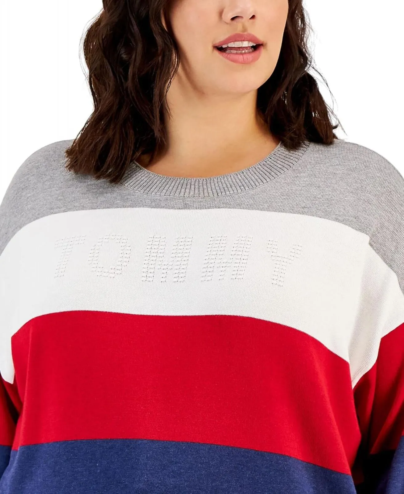 Tommy Hilfiger Womens Plus Colorblock Logo Crewneck Sweater W2XSN744 Gray 2X