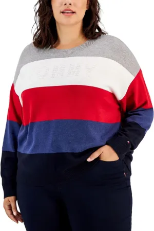 Tommy Hilfiger Womens Plus Colorblock Logo Crewneck Sweater W2XSN744 Gray 2X