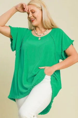 Umgee Full Size Seam Detail Linen Ruffle Fringe Edge Top Plus Size