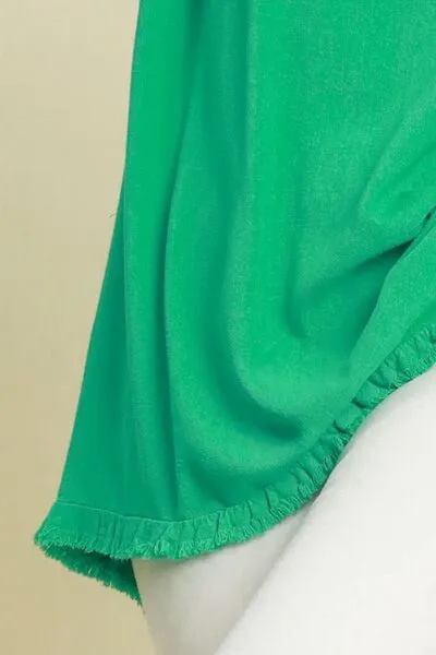 Umgee Full Size Seam Detail Linen Ruffle Fringe Edge Top Plus Size