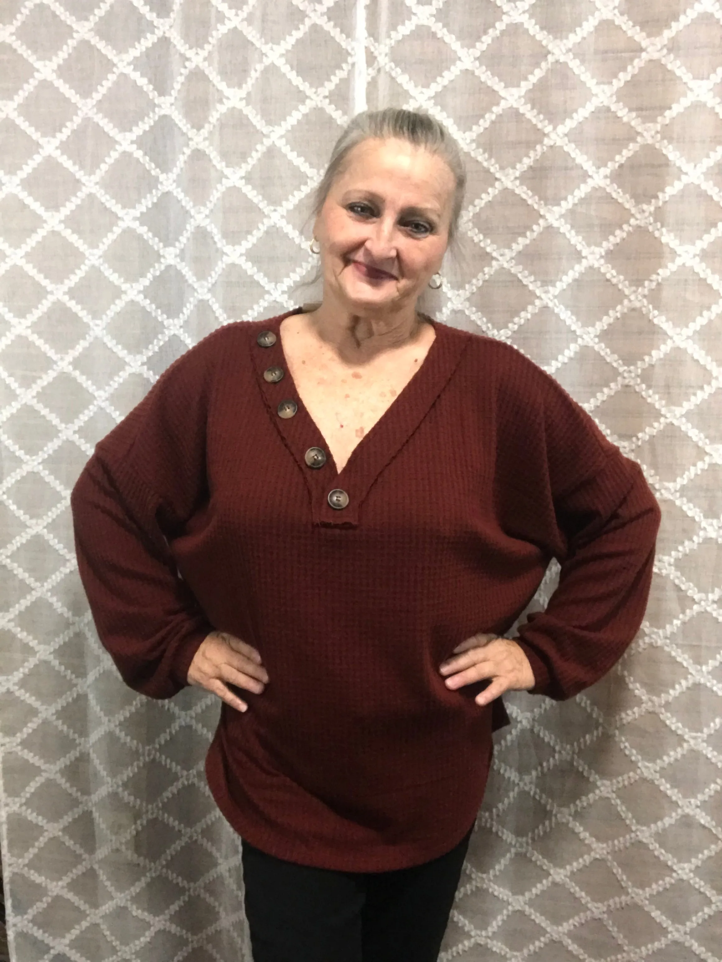 Waffle Knit V-Neck w/Buttons - Zenana