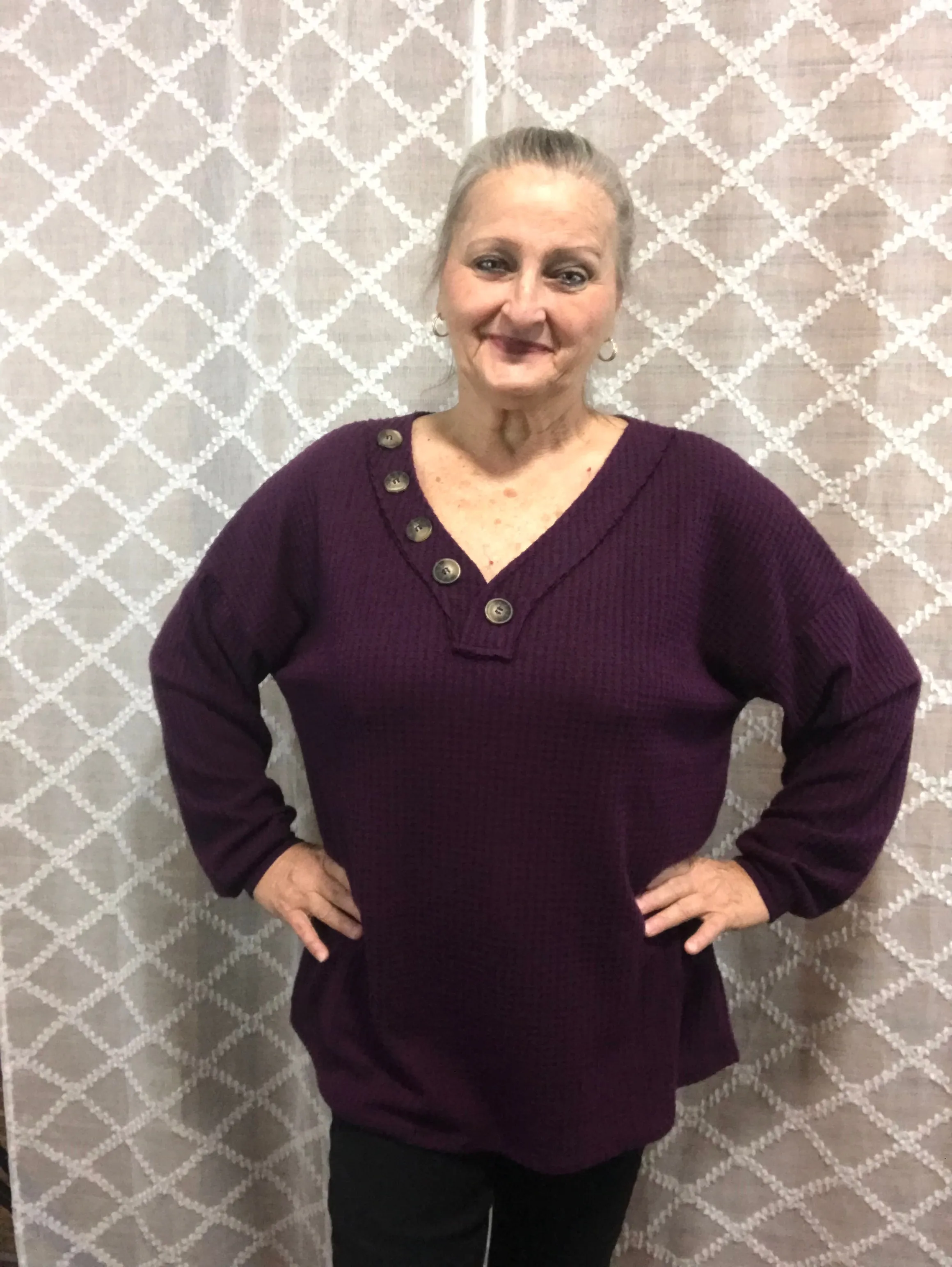 Waffle Knit V-Neck w/Buttons - Zenana