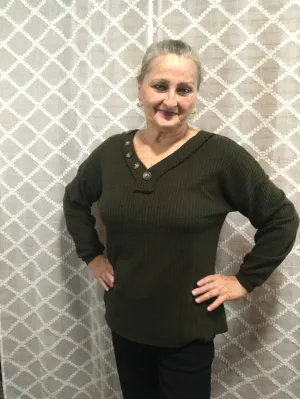 Waffle Knit V-Neck w/Buttons - Zenana
